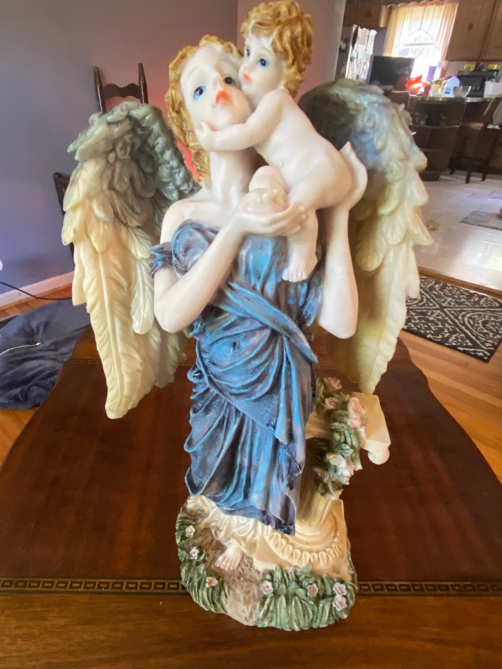 Vintage Angel Figurine Holding Cherub - Blue Dress, Cream Wings Resin Mom & baby